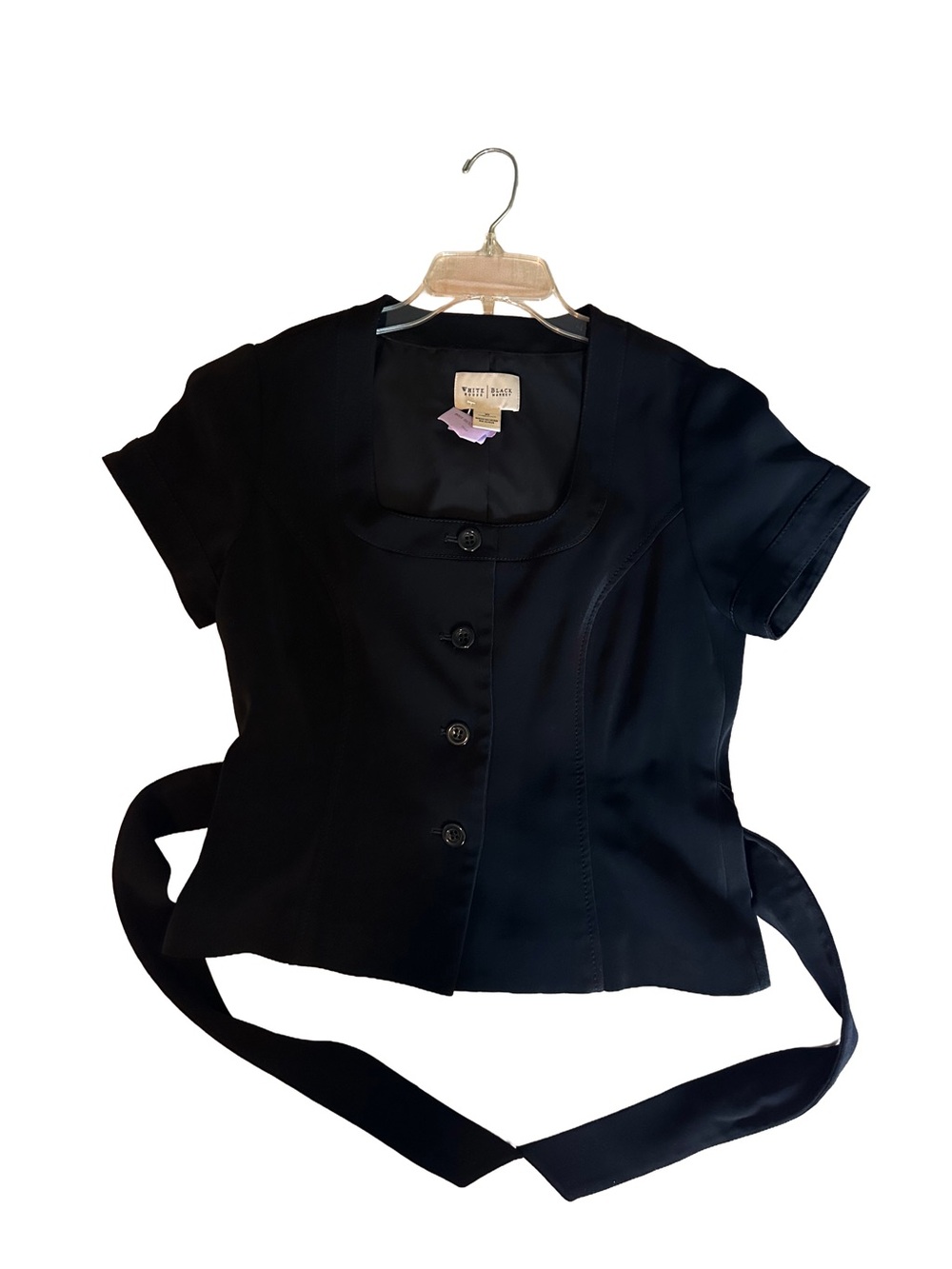 White House Black Market Black Short-Sleeve Button Front Tie-Waist Top - Picture 4 of 4